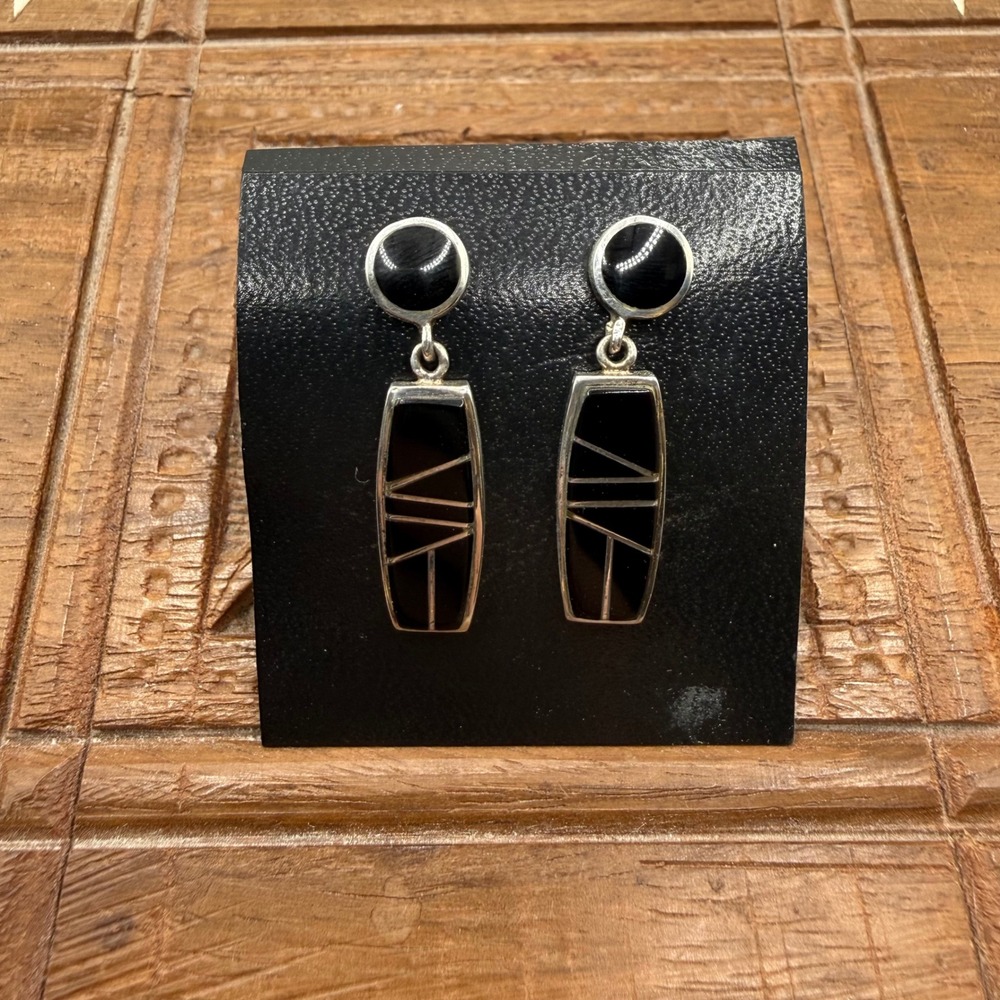 CY Sterling Silver Drop Earrings Black Onyx Inlay Geometric Southwest